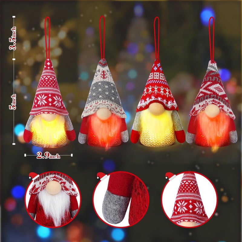 KMUYSL Christmas Gnome Ornaments, 4 Pack Christmas Tree Decorations Handmade Swedish Santa Gnomes Ornaments Lights Scandinavian Plush Elf Table Home Decor, Christmas Tree Hanging Decoration - Image 3
